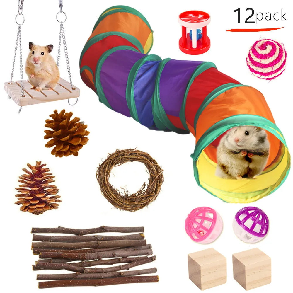 Wooden pet toy set with molar stick, straw mattress and woven balls for rabbits, guinea pigs and parrots