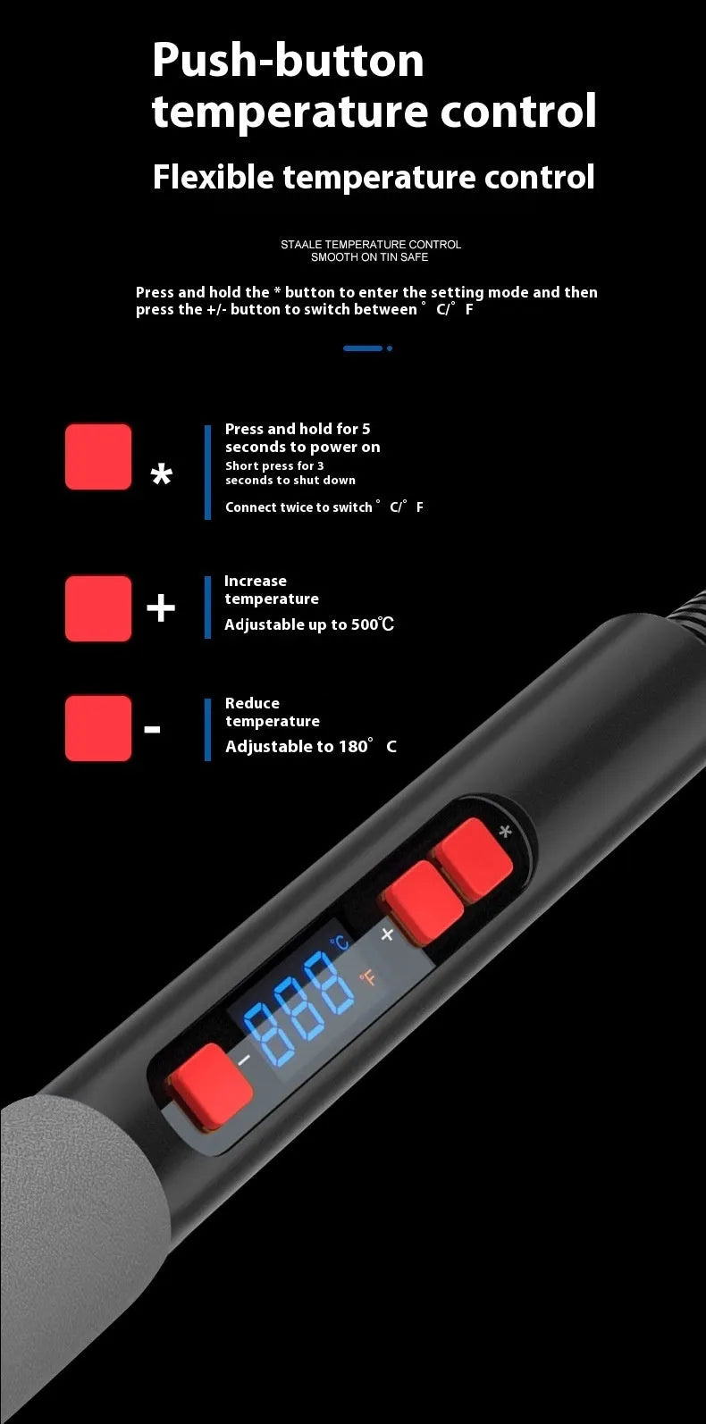 Grey aluminium alloy 90W electric soldering iron kit with five tips, sponge, and solder on a workbench.