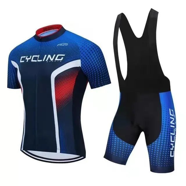 Cycling jersey set comprising a moisture-wicking top and pants for summer biking.