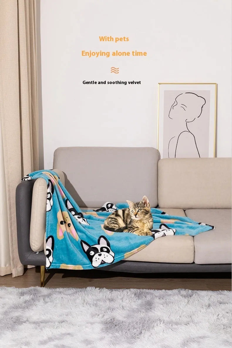 Blue dog cartoon pattern pet blanket showing double-sided flannel texture and size options
