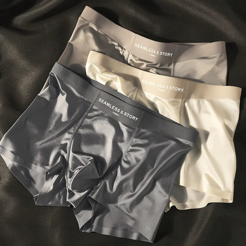 Men's satin ice silk underwear in mid waist design showing traceless construction