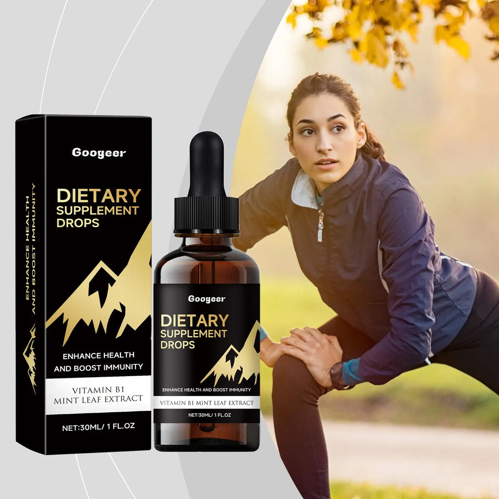 Bottle of liquid dietary supplement drops with a pipette dropper for dosage