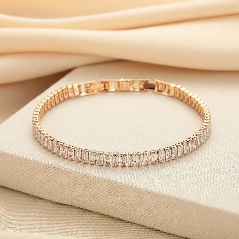 Rectangular brass women's bracelet with full diamond zircon inlays in champagne gold colour