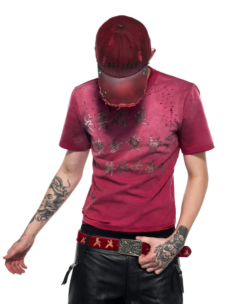 Red men's slim-fit distressed T-shirt with short sleeves and round neck