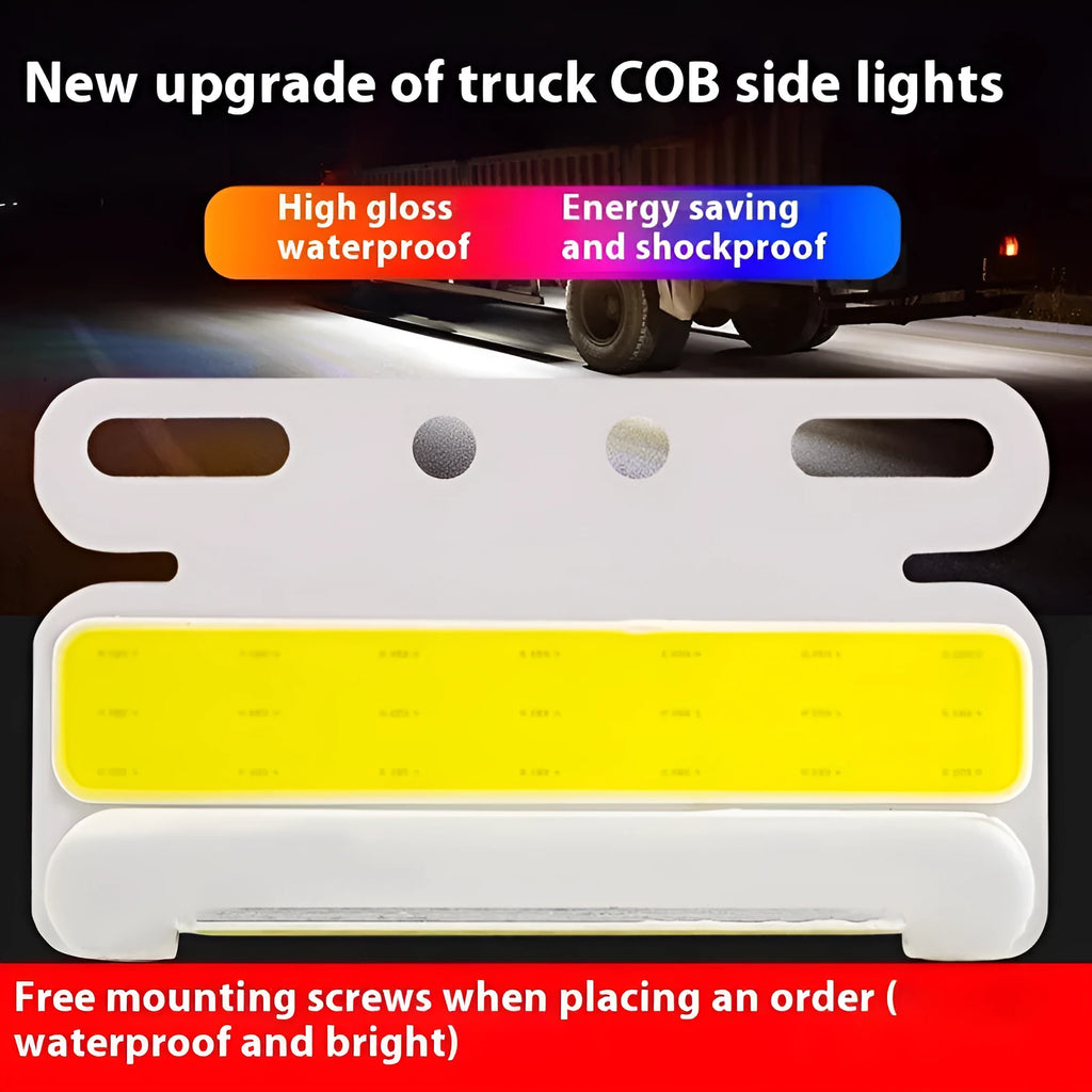 COB LED truck side light in aluminium housing for 12V 24V vehicles, shown in multiple colour options.