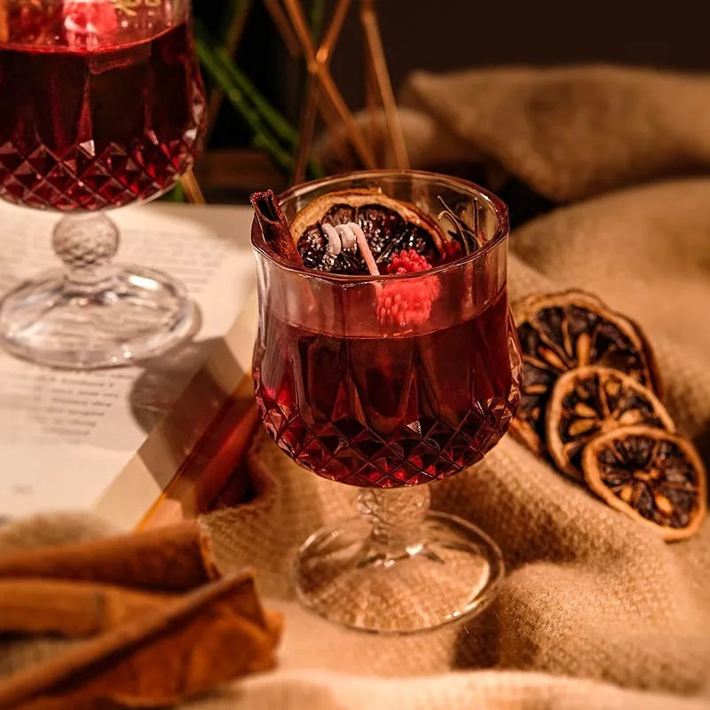 Scented candle in glass goblet with jelly crystal layer French mulled wine style home fragrance