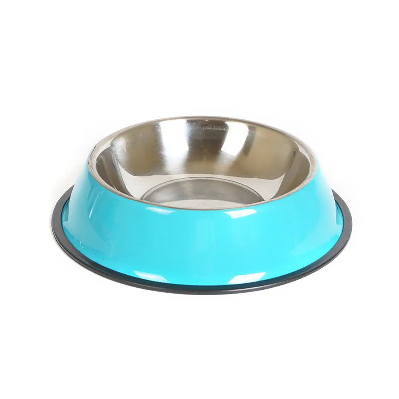 Stainless steel pet bowl with colourful melamine outer pot showing non-slip rubber base