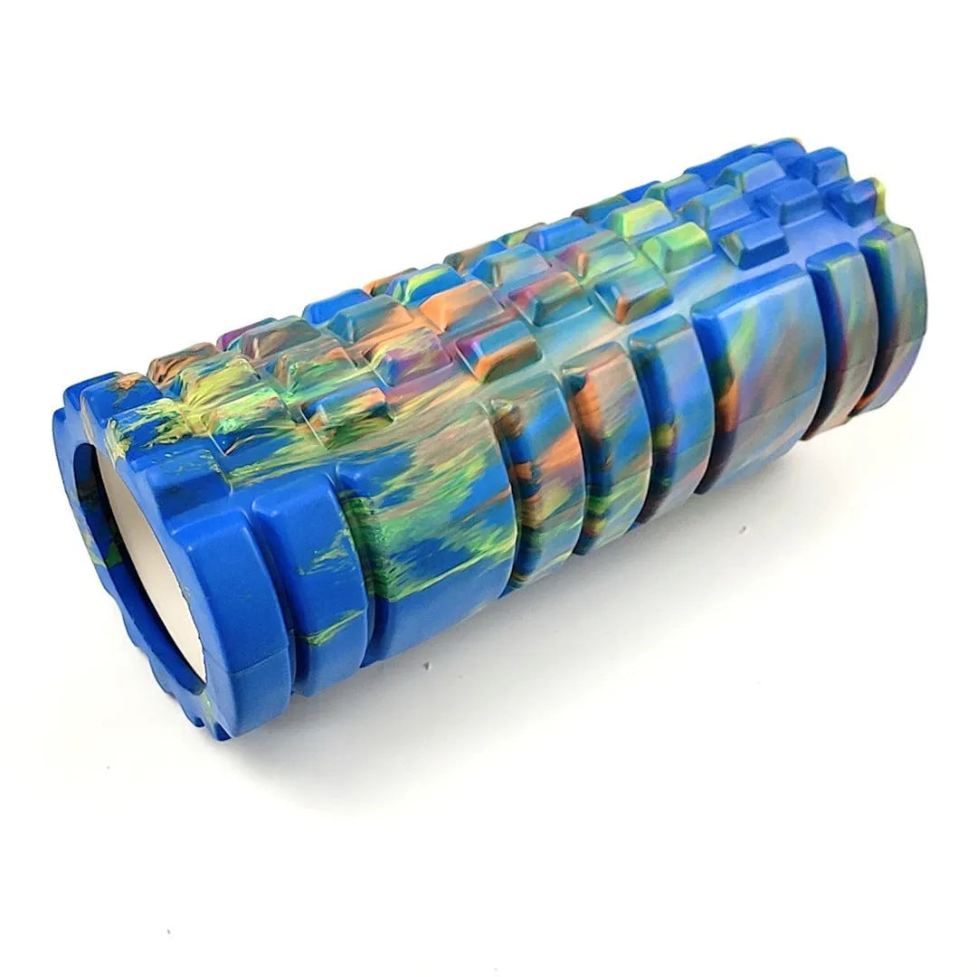 33cm camouflage pattern EVA foam roller in blue green yellow colour shown on gym floor