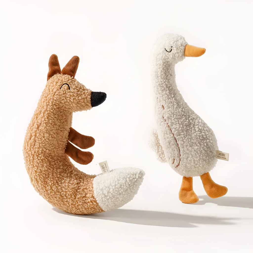 Cartoon pet toy in fox or duckling design with teddy velvet fabric and crinkle sound insert
