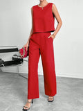 Women's sleeveless top and wide leg trousers two-piece set in red or navy blue