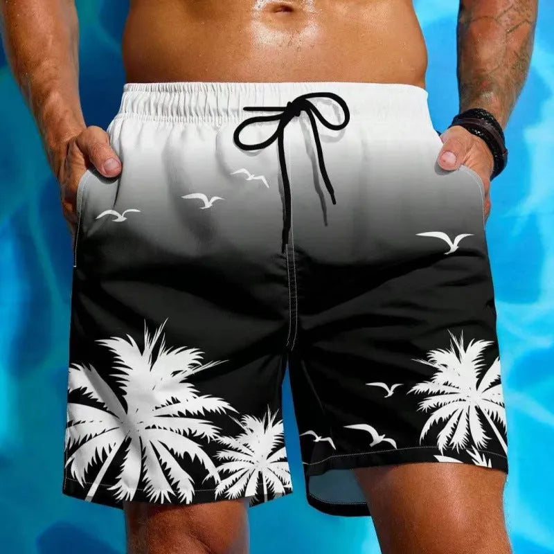 Man's ethnic style loose fit swimming trunks in a solid colour on a neutral background.