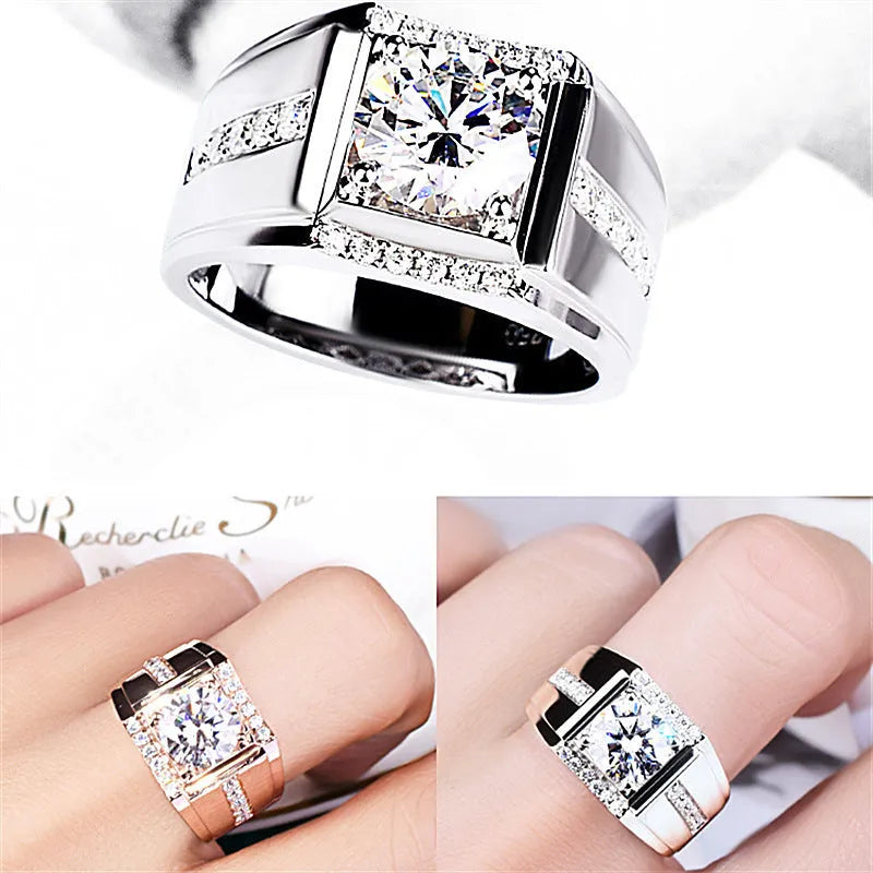 Men's adjustable geometric diamond ring with imitation moissanite in rose gold, gold, or platinum colour