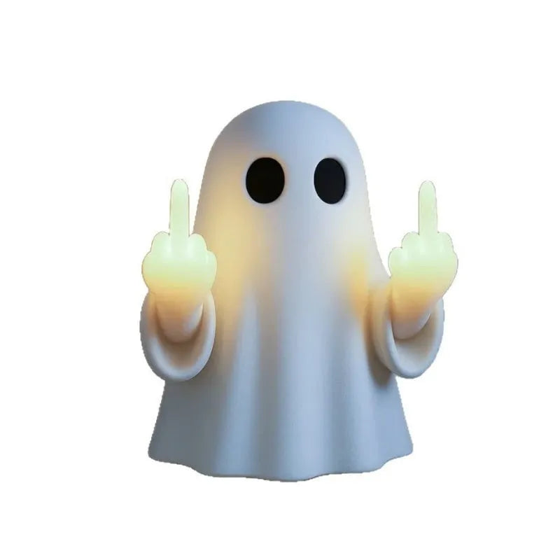 White plastic ghost statue Halloween night lamp with battery-operated LED light, 19.85cm tall