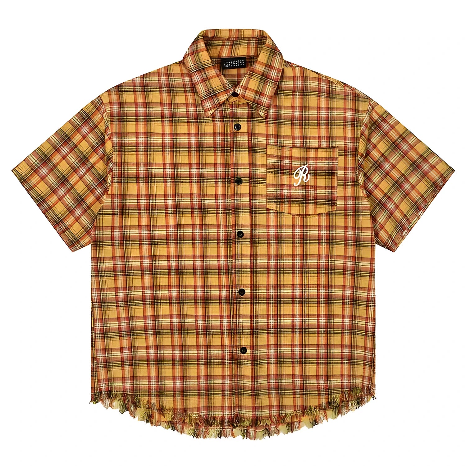 Yellow checked button-down shirt with embroidered pocket on chest