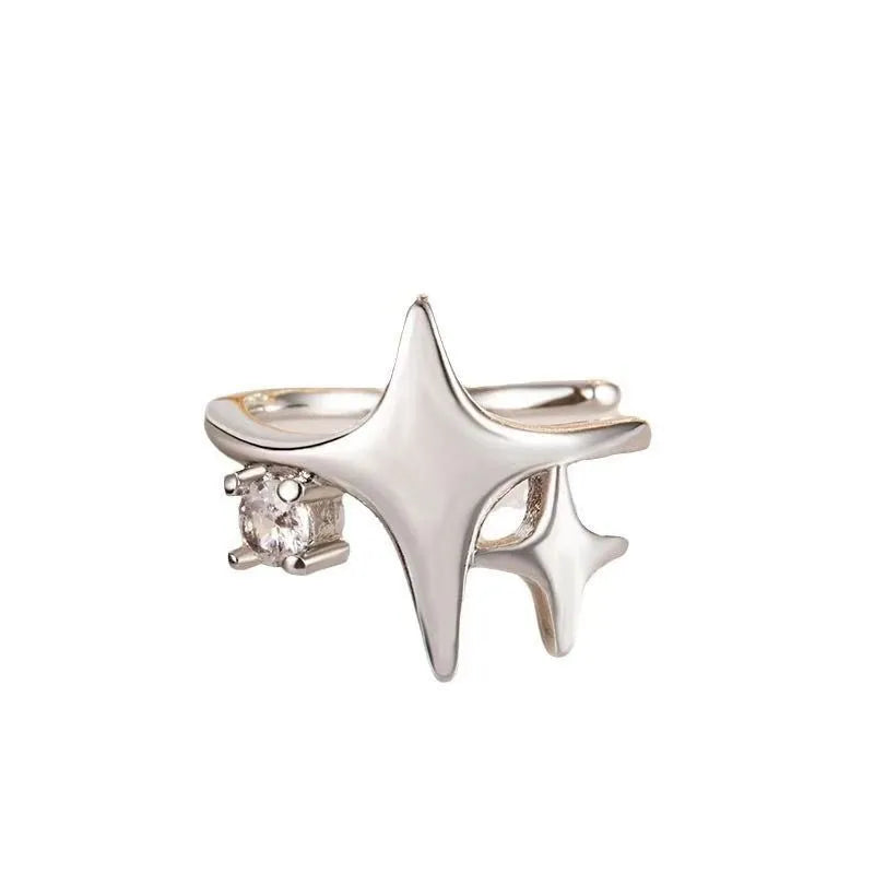 Women's retro geometric small diamond four eight-pointed stars ear clip in silver with electroplated finish