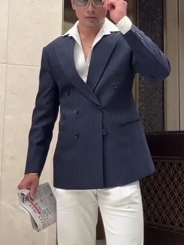 Men's classic striped double-breasted blazer in regular fit polyester for daily wear