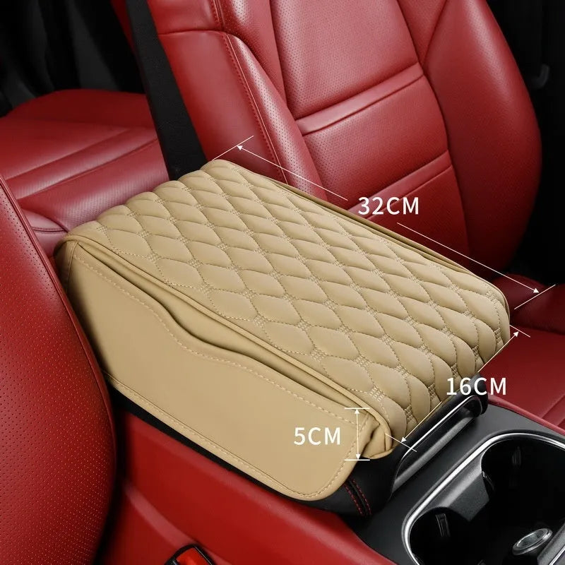Leather car armrest box organiser in brown, measuring 32x22x5 cm for general vehicle models