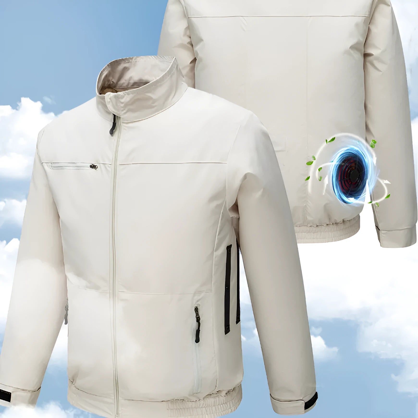 Men's summer work jacket with integrated fan cooling system and ventilation holes