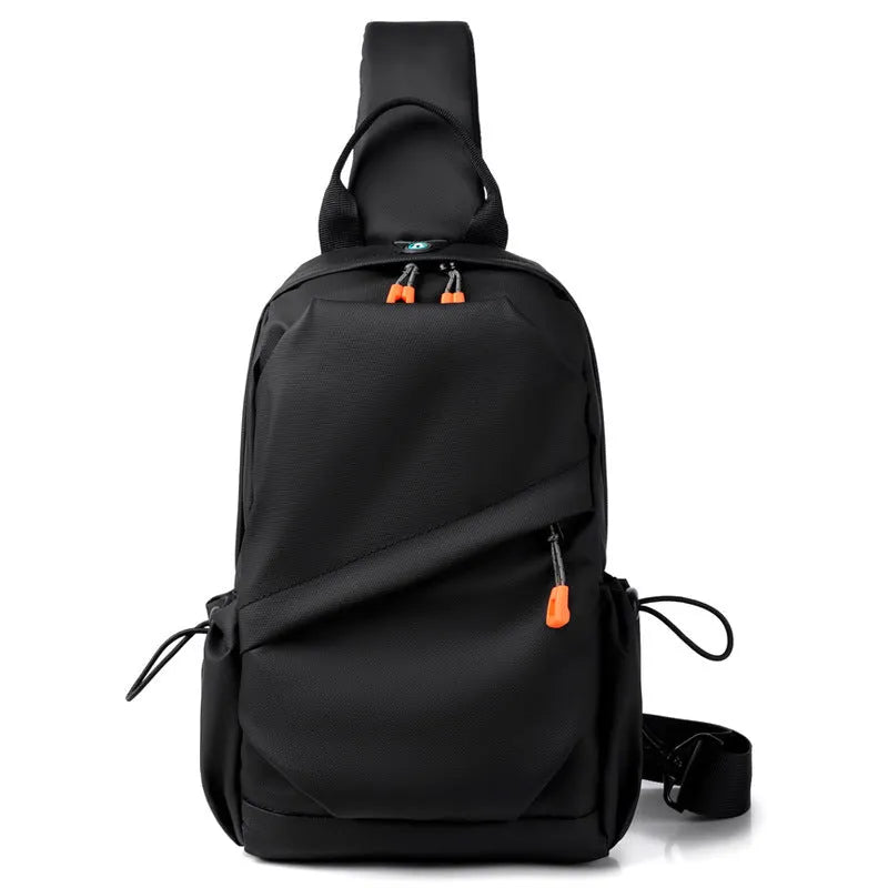 Men's black waterproof polyester crossbody bag with single shoulder strap and simple casual design