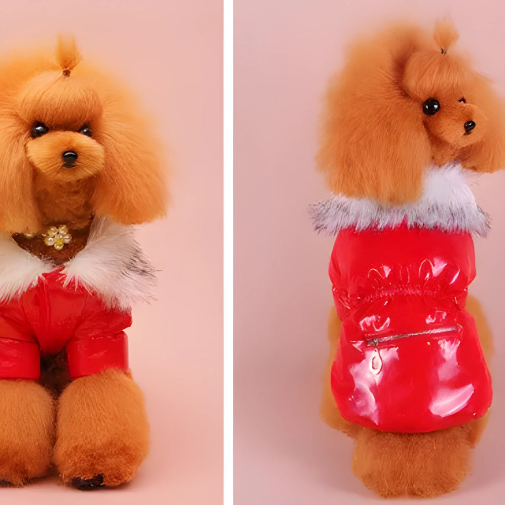 Four-legged fleece-lined thick cotton dog jacket in bright red, size medium, for pet warmth