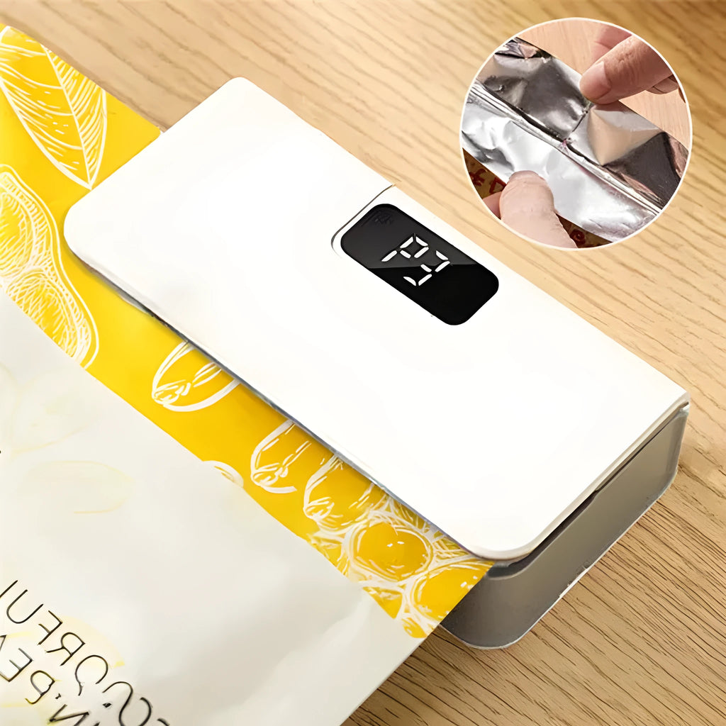 Small white and blue manual heat sealing machine for plastic food bags.