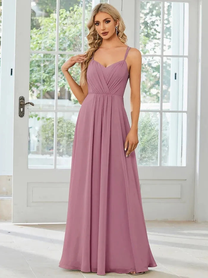 Women's long pleated A-line sleeveless dress in light green solid colour