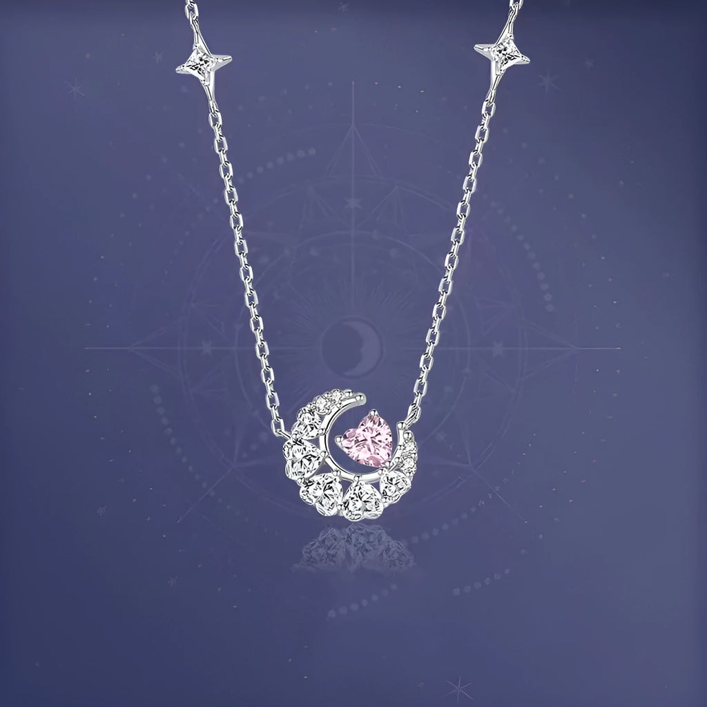 Dream Heart Moon Necklace copper heart pendant with moon and stars in pink diamond finish on cross chain