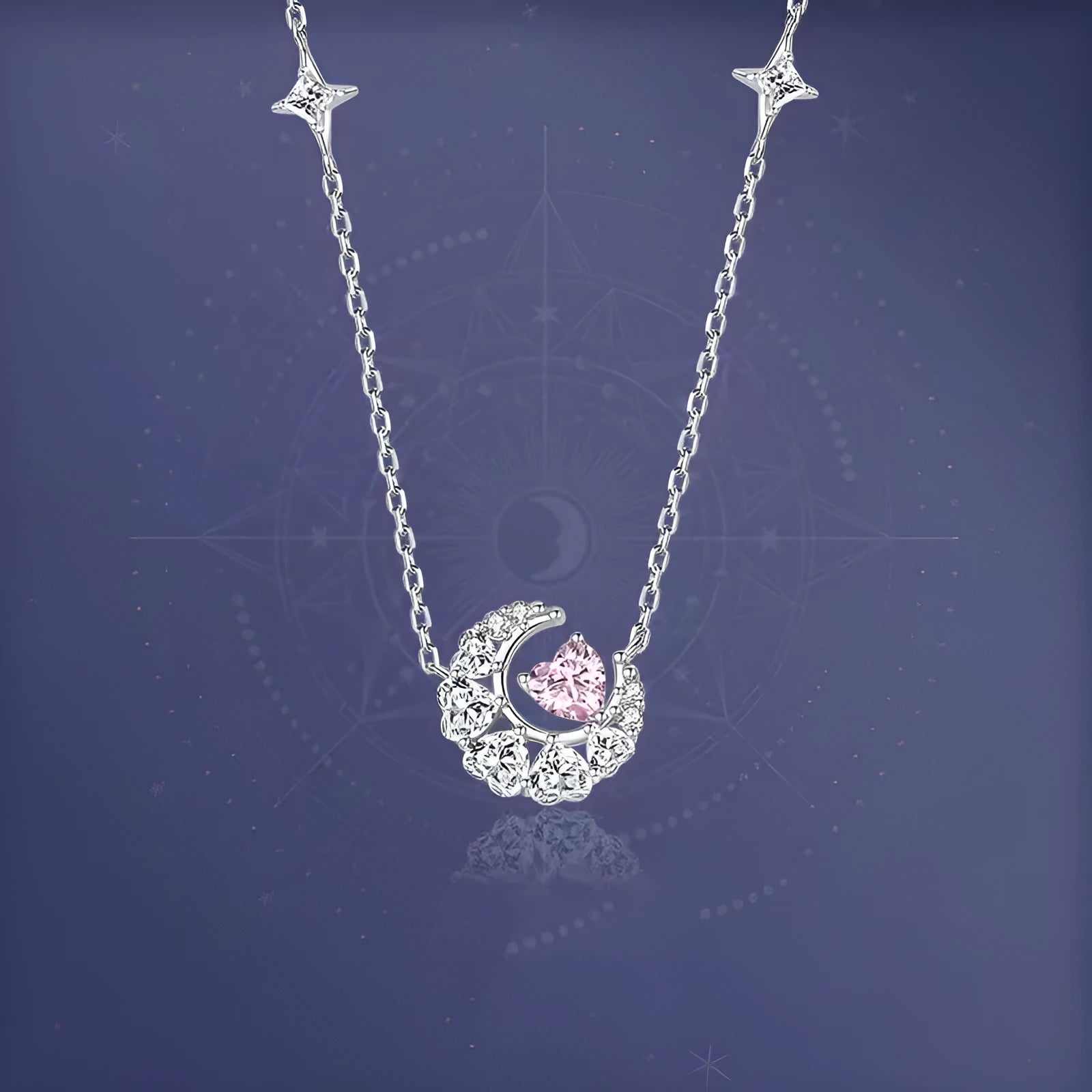 Dream Heart Moon Necklace copper heart pendant with moon and stars in pink diamond finish on cross chain