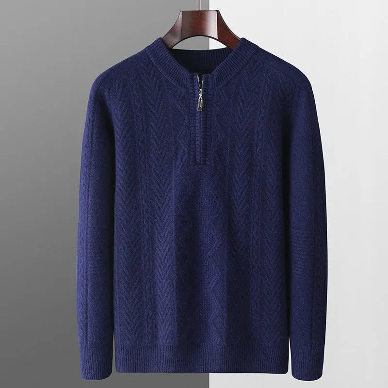 Men's grey pure wool half-zip sweater with diamond lattice pattern, loose fit, long sleeves.