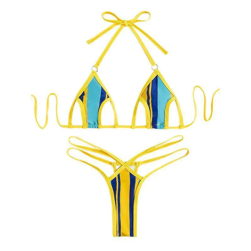 Yellow women's split swimsuit set showing sleeveless top with neck-hanging style and high-waisted bikini shorts.