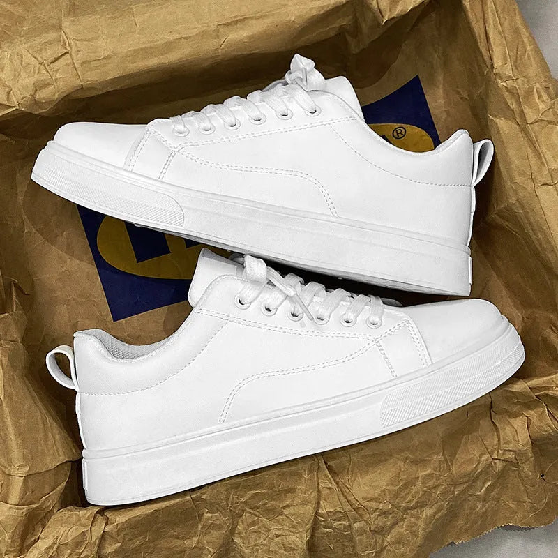 Men's low-top Korean-style sneakers in black, white, and black with white sole colour options.