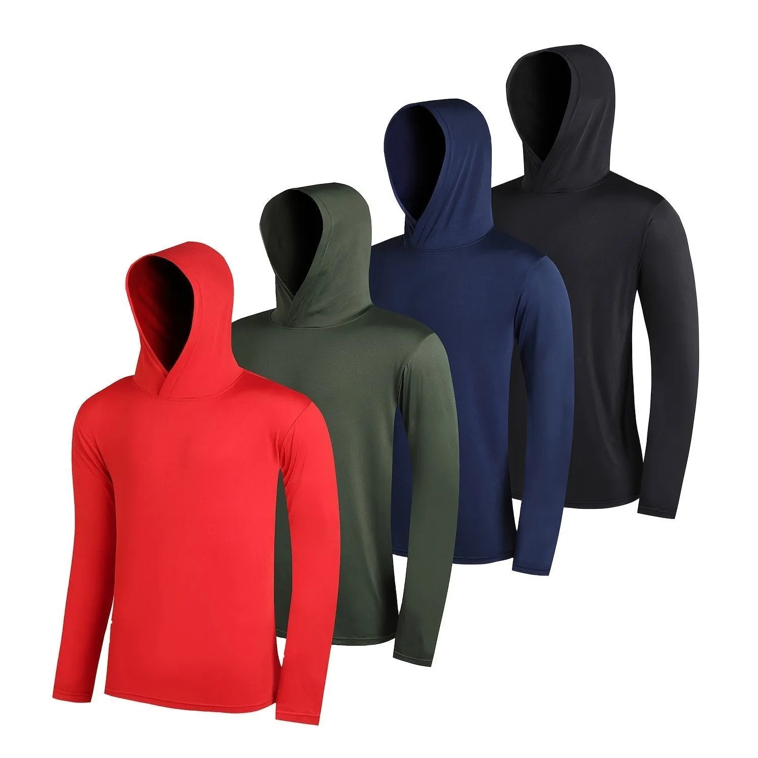 Pack of men's lightweight polyester hoodies in assorted colours on hangers