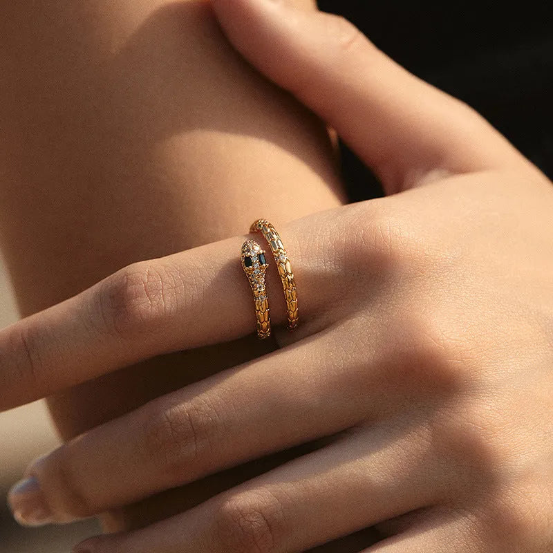 Adjustable copper snake ring with gold colour finish and diamond surface treatment