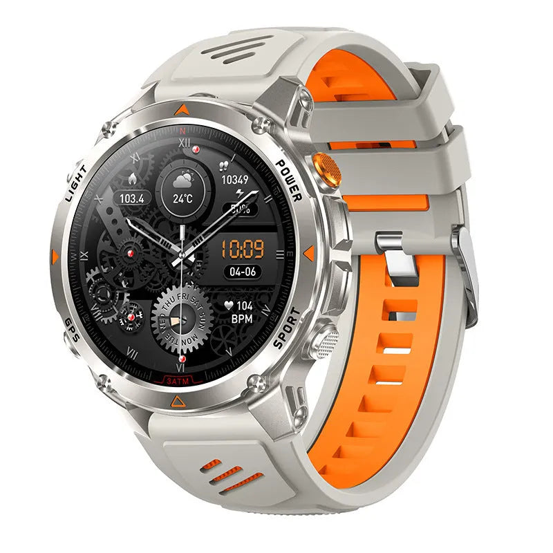 Black smart sports watch with GPS, flashlight, compass, Bluetooth calling, silicone strap, and TFT screen showing heart rate data