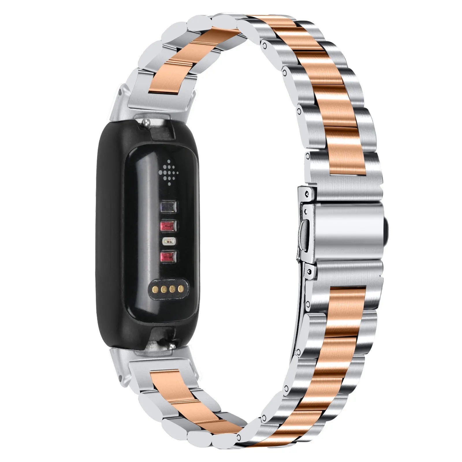 Stainless steel watch strap for Fitbit Inspire 3 tracker in multiple colour options on a grey background.