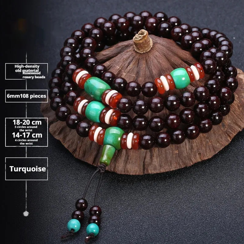 Men's rosewood bracelet with 108 beads, showing 6mm and 8mm size options alongside styles like lapis lazuli and turquoise.
