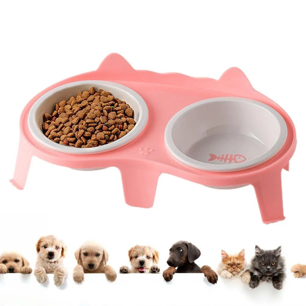 Ceramic cat food and water bowl set with elevated tilted stand in blue, pink, white or yellow