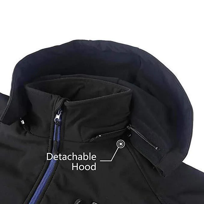 Black men's USB winter waterproof thermal coat with straight hem and zippered pockets