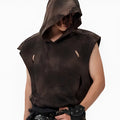 Cotton fabric short hood vest in khaki for teenagers, front view