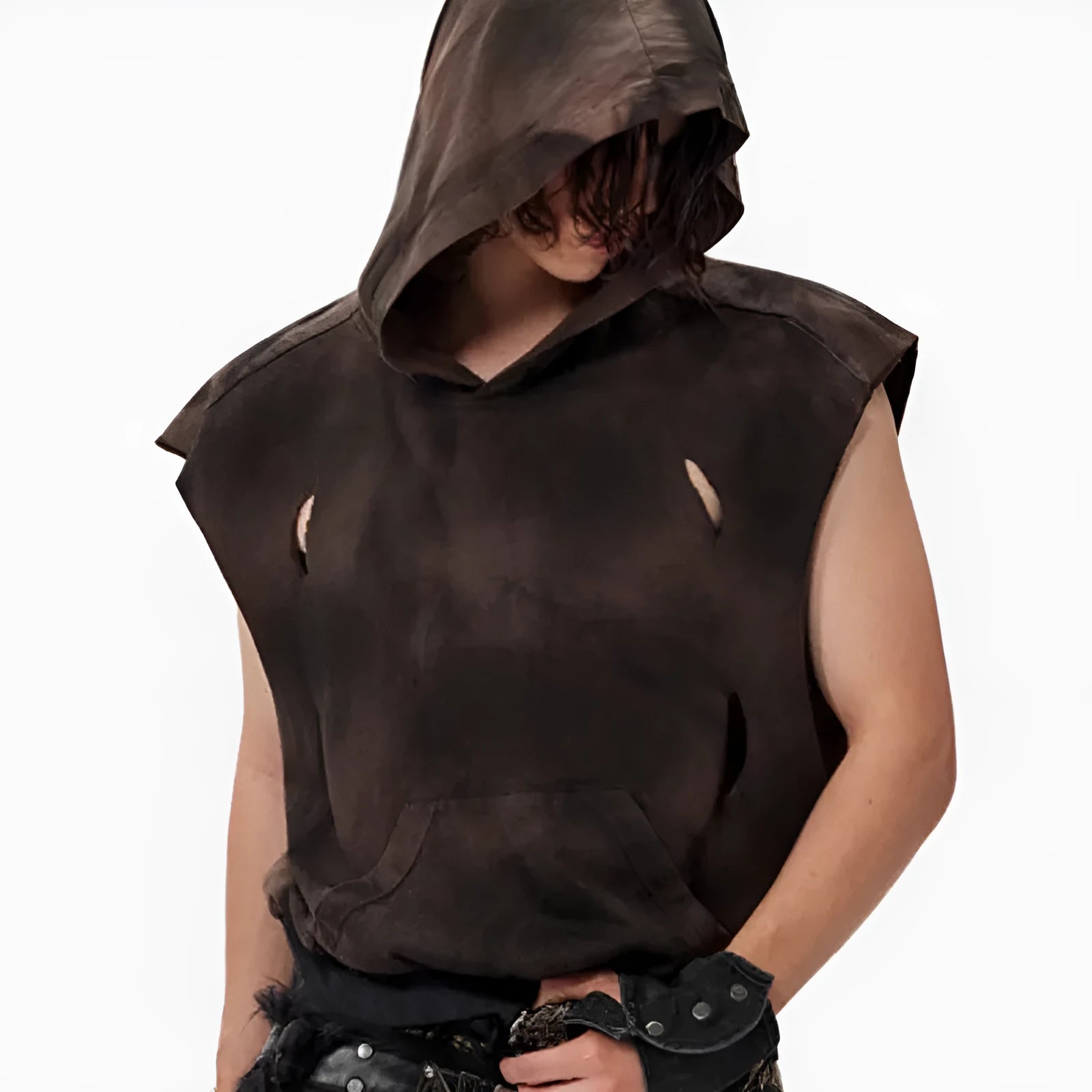 Cotton fabric short hood vest in khaki for teenagers, front view