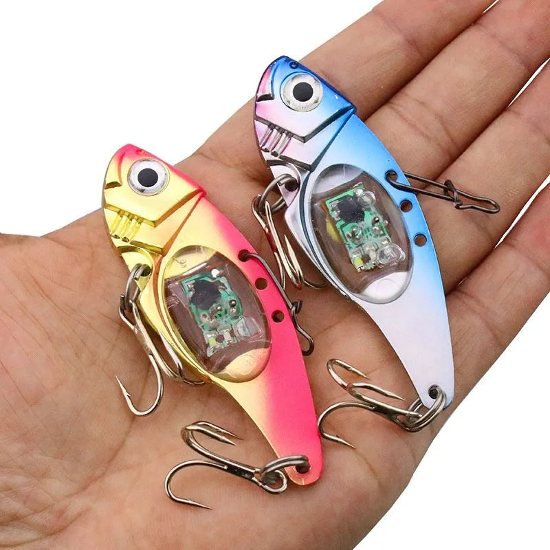 Electronic fishing lure with luminous metal vib in blue and red body options