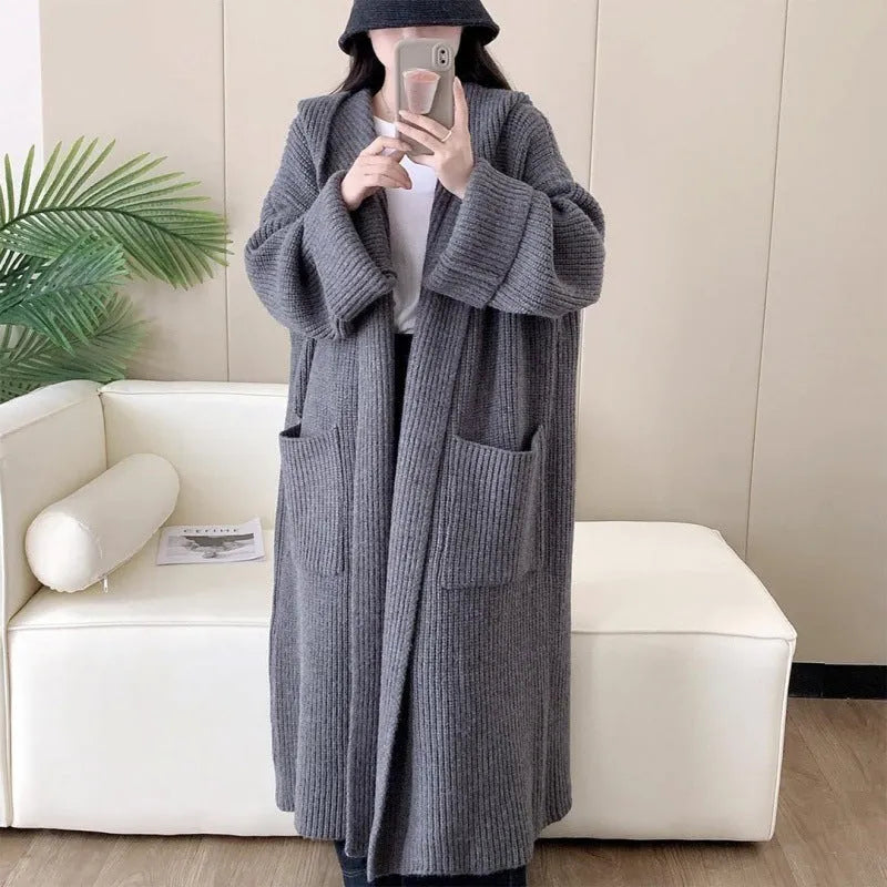 Loose hooded sweatshirt cardigan coat with raglan sleeves in acrylic fibre