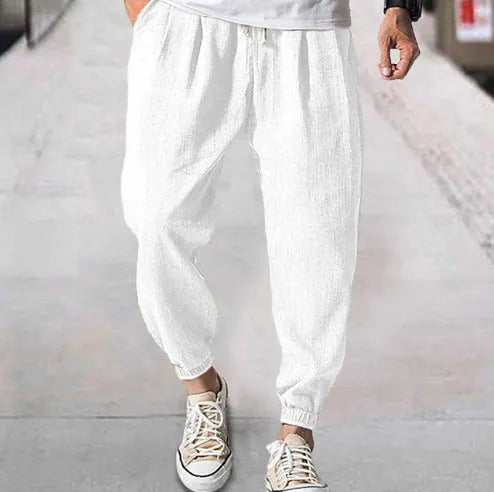 Men's casual cotton trousers in loose ankle-band fit for summer wear