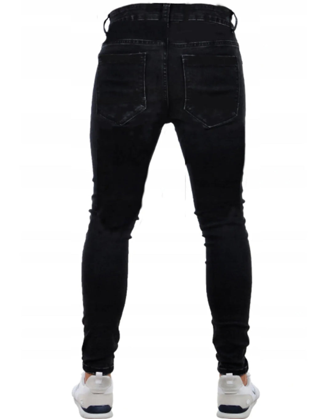 Men's ripped black slim-fit high waist cotton denim trousers with elastic waist