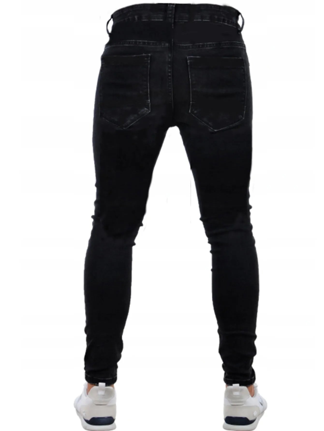 Men's ripped black slim-fit high waist cotton denim trousers with elastic waist