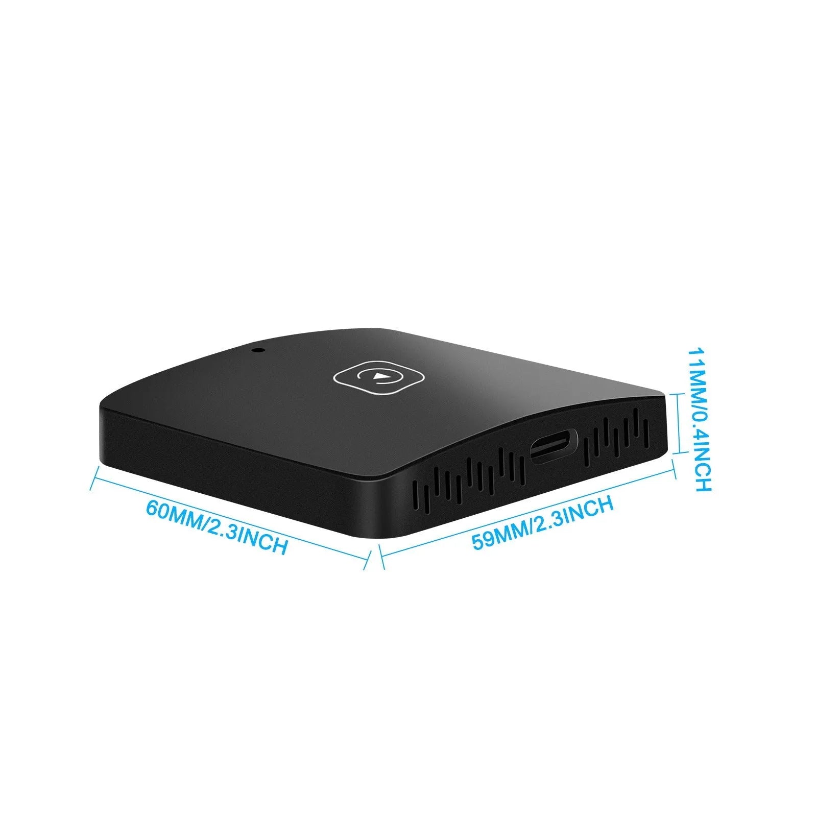 Black wireless CarPlay external module with cables for converting wired CarPlay to wireless functionality