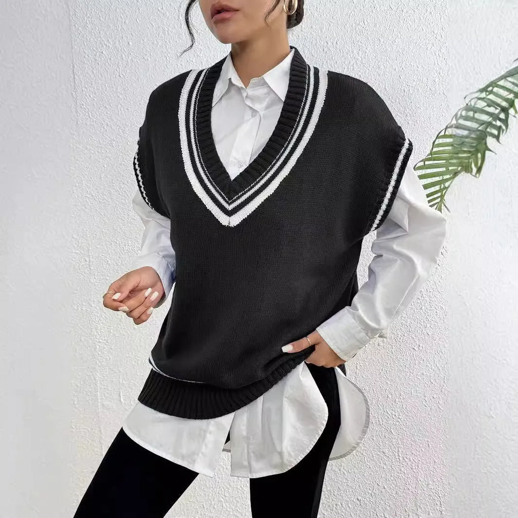 Women's college style vest sweater in acrylic polyester blend fabric, loose fit, available in black blue coffee colours