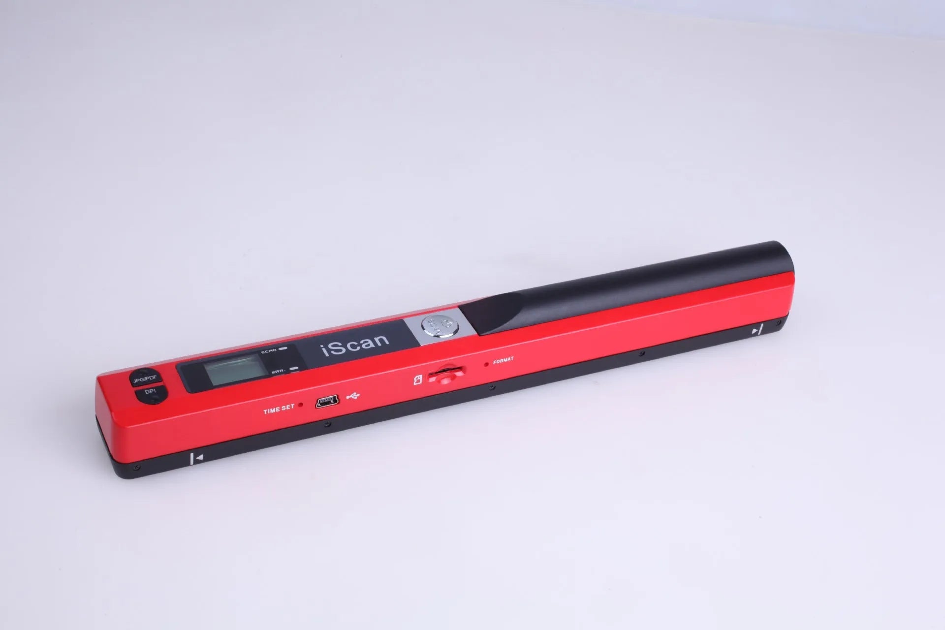 A handheld plastic barcode scanner shown in five colour options: black, blue, green, red, and silver.