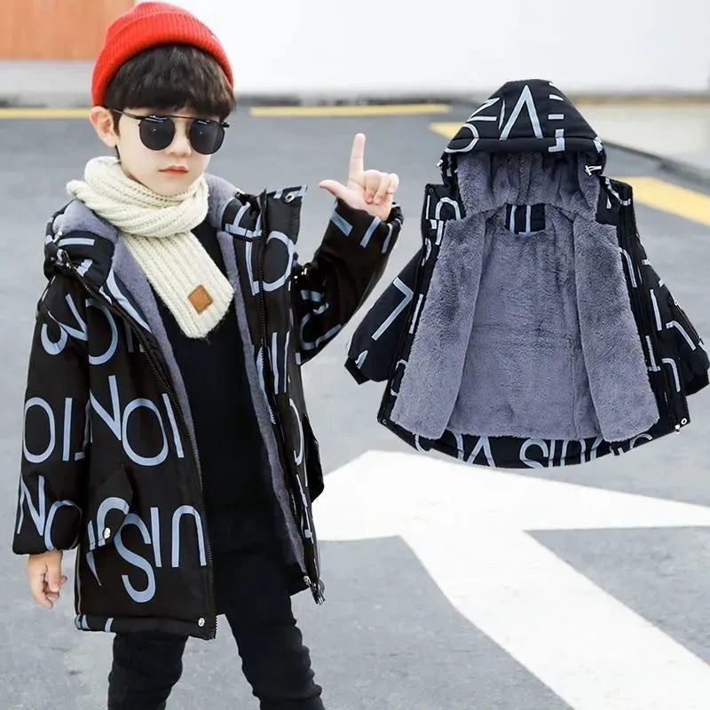 Children's thick padded Korean winter coat in beige with hood, zipper closure, and round collar for boys and girls