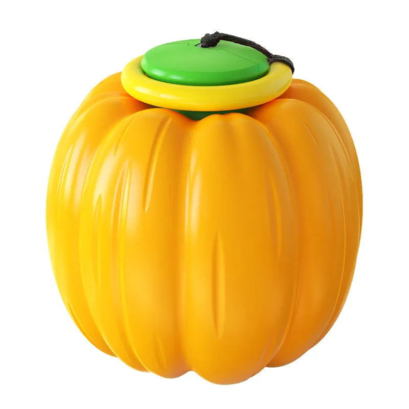Green, orange, and yellow plastic pumpkin dog chew toy with squeaker for small dogs.